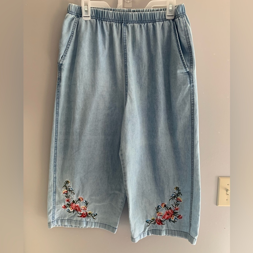CW Classics Womens Blue Floral Embroidered Wide Leg Cropped Cottagecore Pants L